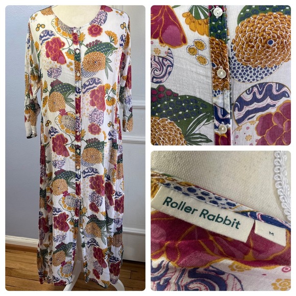 Roller Rabbit Cheri Floral Tunic Dress Kaftan Button Front Pockets Womens Size M - Picture 1 of 16